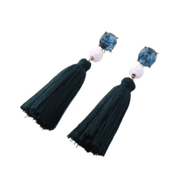 Blue White Rhinestone Tassel Fringe Vintage Gold Dangle Statement Earrings - Picture 3 of 8